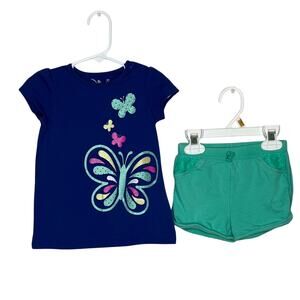 Jumping Beans blue butterfly tee/green shorts Size 18 months